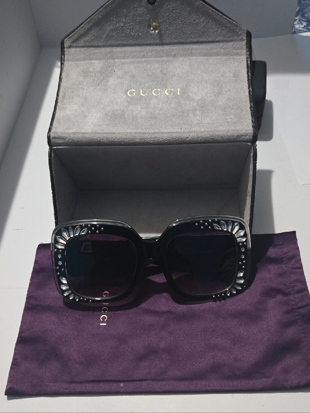 Gucci Black Square Sunglasses with Crystal Accents